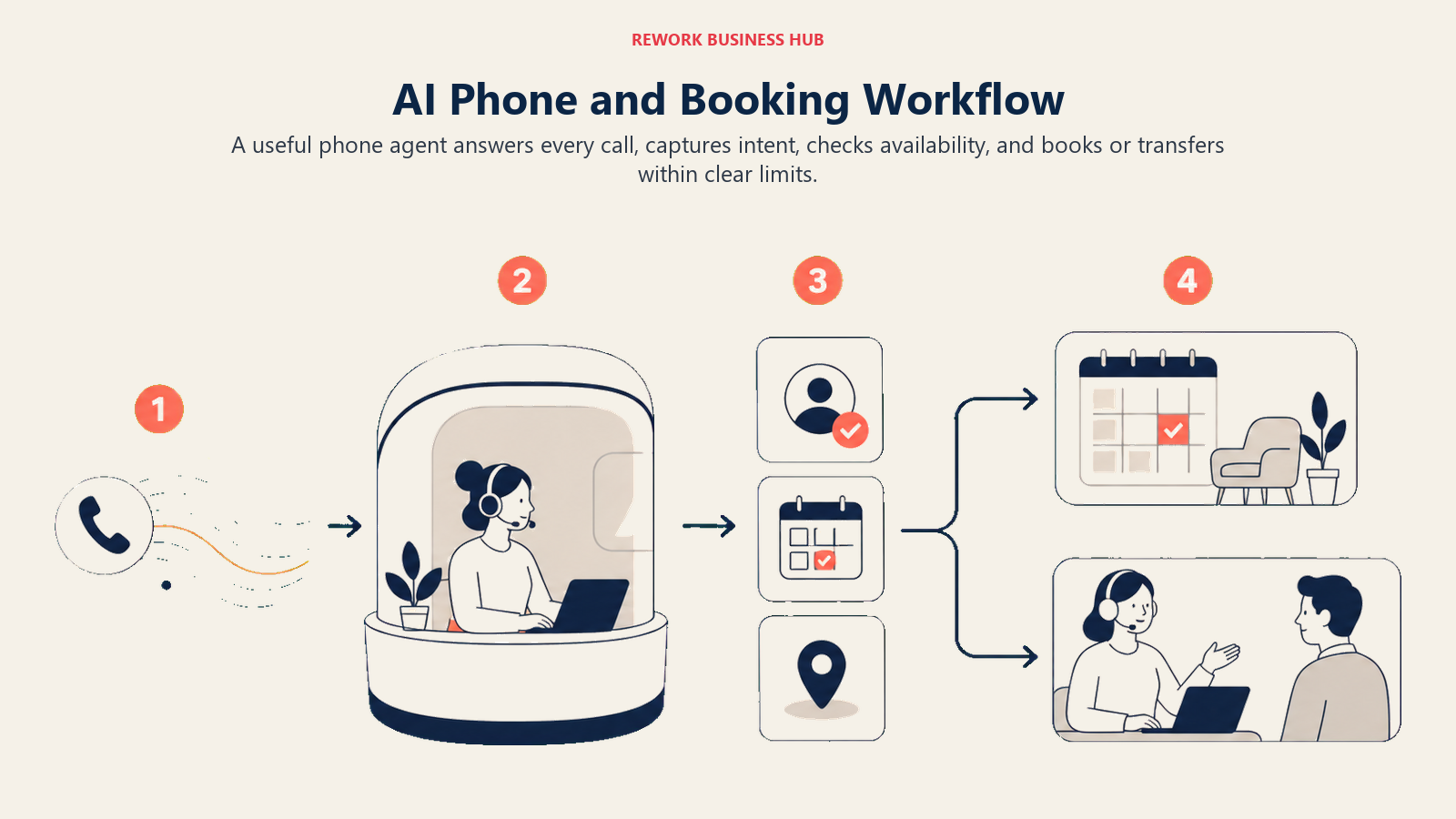 AI phone booking workflow showing an inbound call qualified, scheduled on a calendar, or transferred to a person