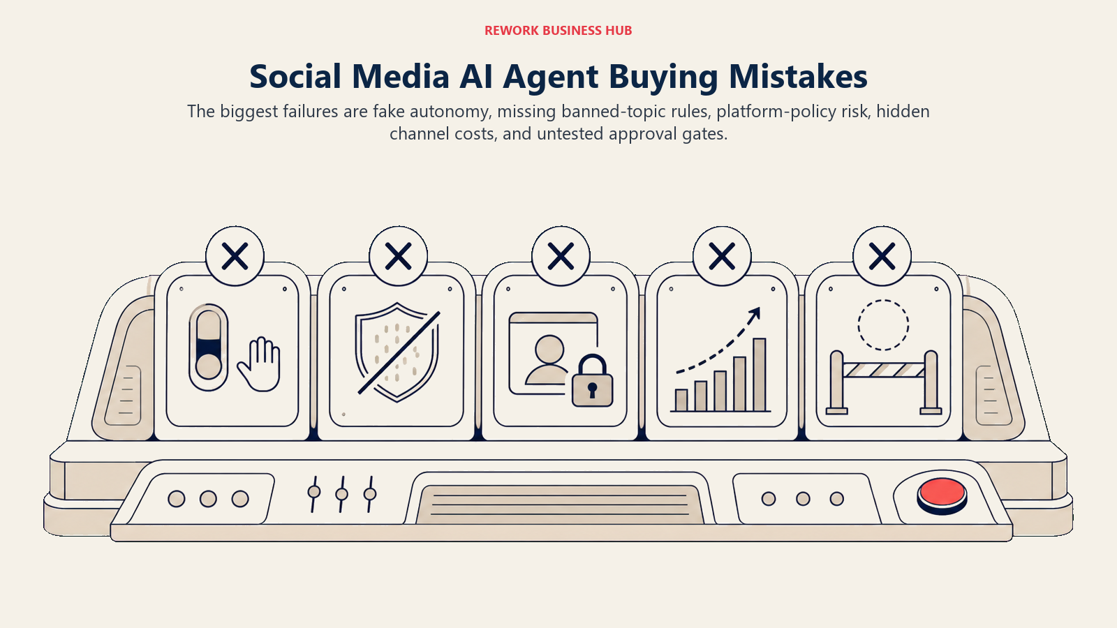 Social media AI agent buying mistakes shown on a publishing preflight inspection bench
