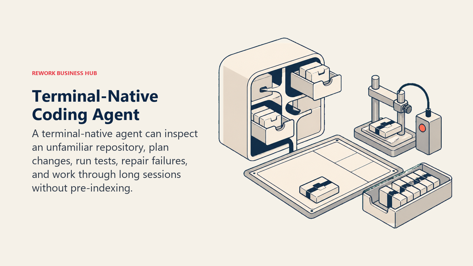 Terminal-native coding agent opening a repository cabinet, planning changes, running tests, and returning a clean code package without a prebuilt index