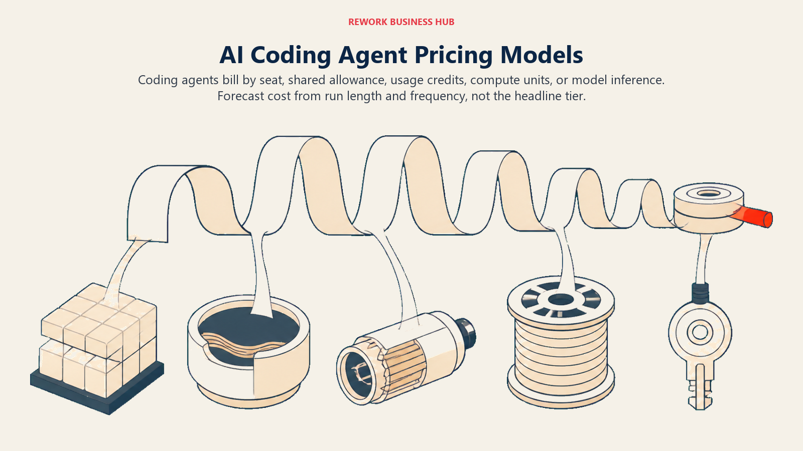 AI coding agent pricing models shown as different billing artifacts weighed against a long-running task