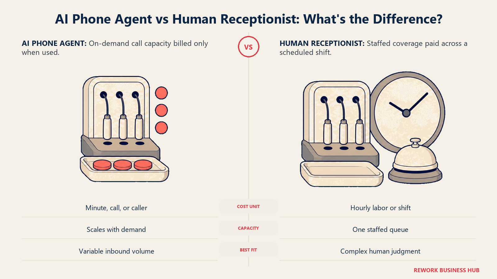 AI phone agent that activates on demand compared with a human receptionist paid for as staffed coverage