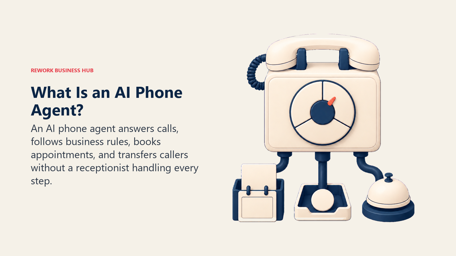 AI phone agent switchboard routing calls to a blank appointment card, message inbox, or human-transfer bell