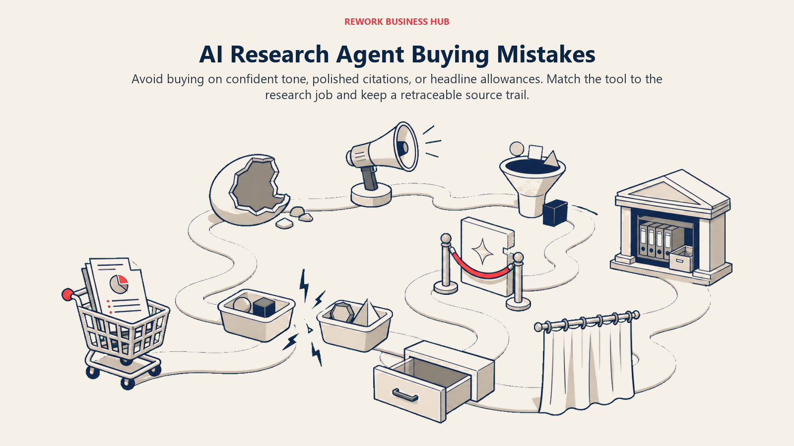 AI research agent buying mistakes shown as evidence traps between a buyer and a verified source archive