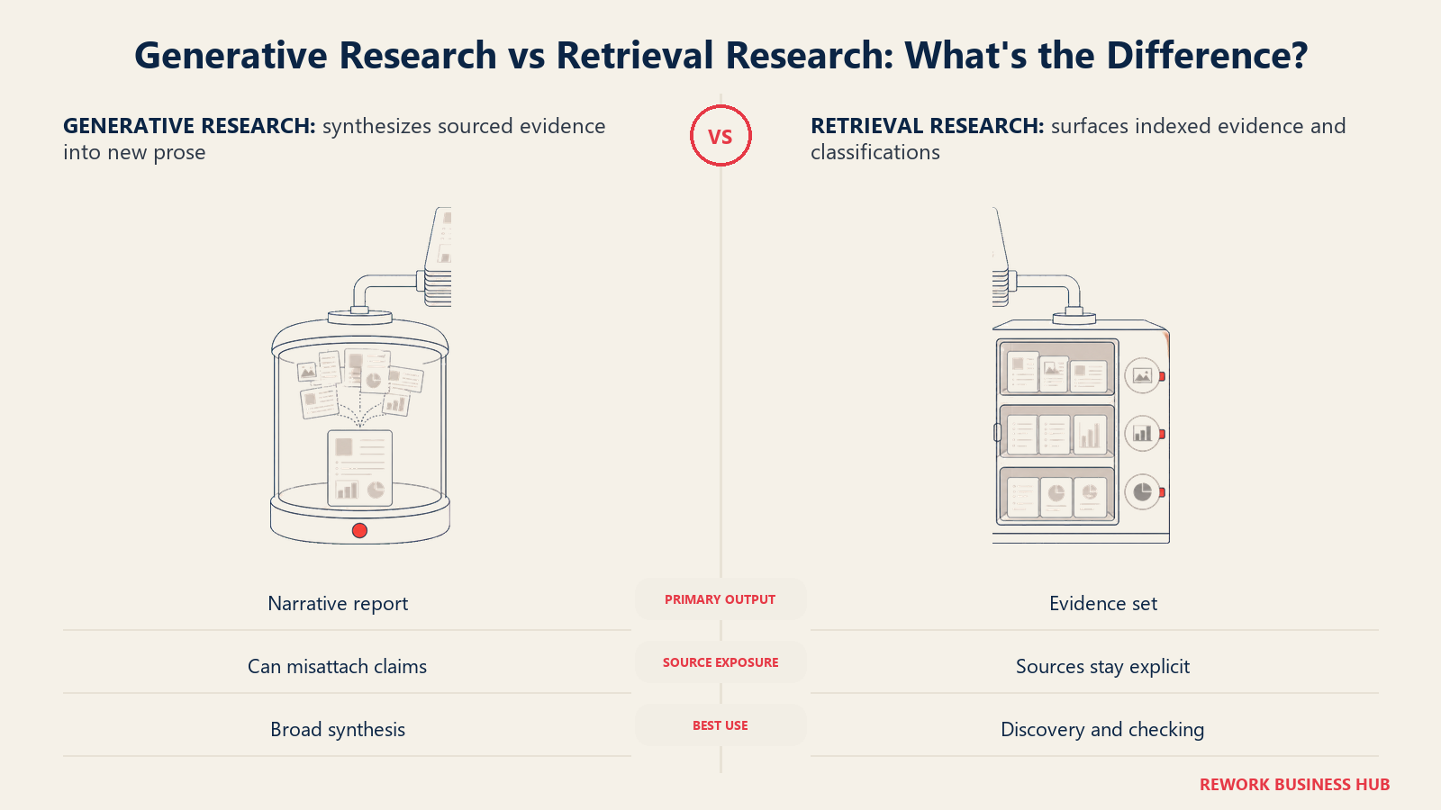 Generative research and retrieval research compared as synthesized prose versus indexed evidence