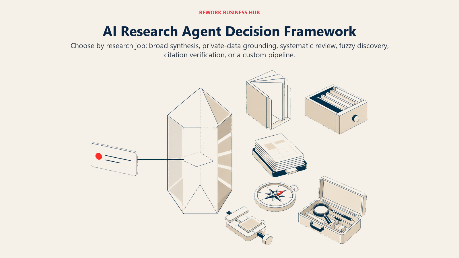 AI research agent decision framework sorting a question into synthesis, grounding, review, discovery, verification, and custom pipeline jobs