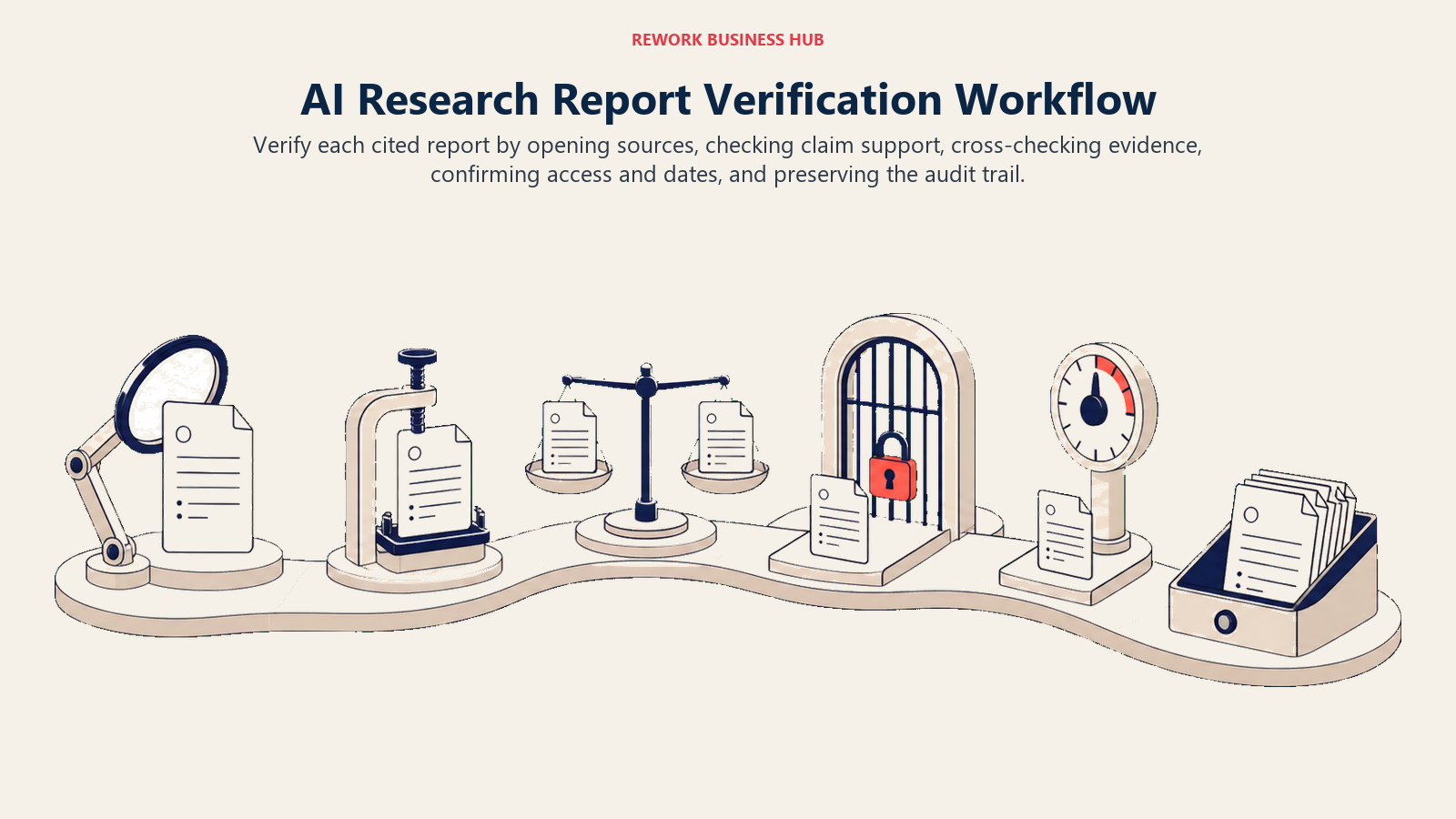 AI research report verification workflow passing citations through six source and audit checks