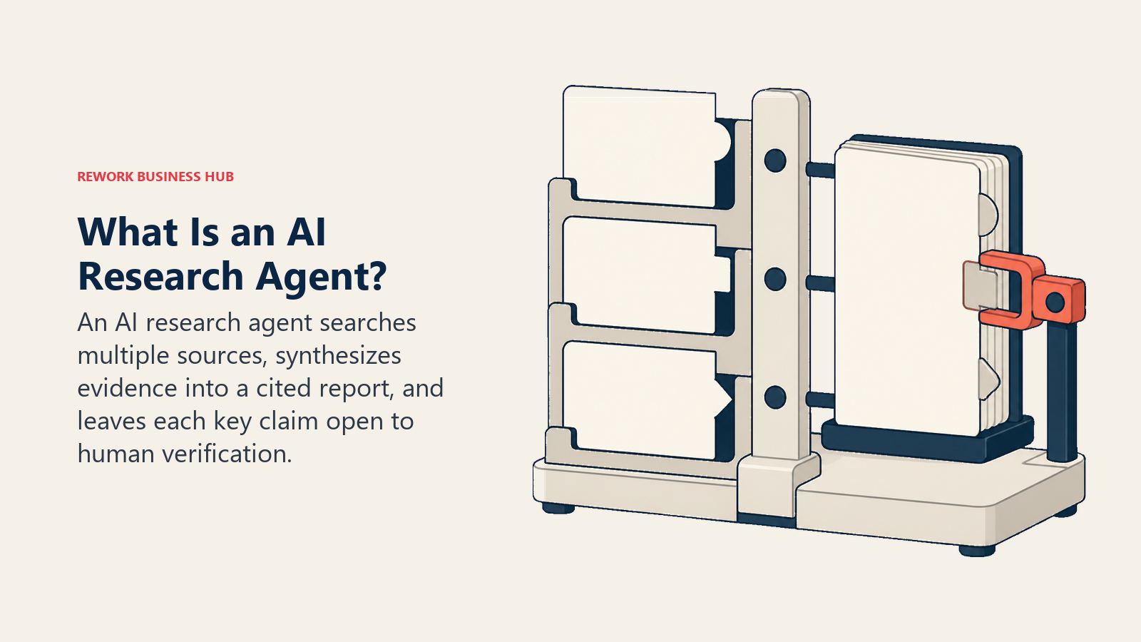 AI research agent citation fixture binding three source folios into a traceable report with a coral verification clamp