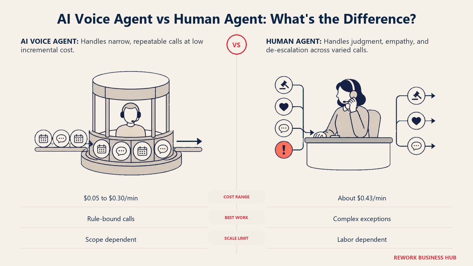 Narrow AI call engine compared with a human exception desk on equal per-minute scales