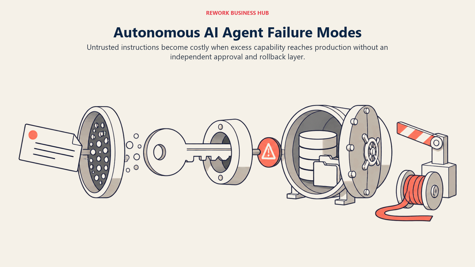 Autonomous agent failure chain showing untrusted input, excess capability, production access, and an independent external stop gate