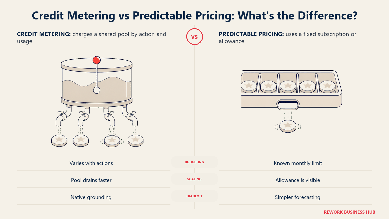 Credit metering and predictable pricing compared as a shared variable reservoir versus a fixed monthly allowance