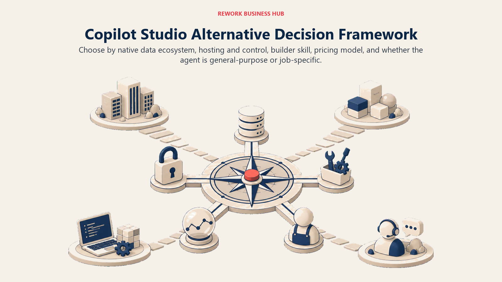 Copilot Studio alternative decision framework using ecosystem, control, skill, pricing, and job-specific fit