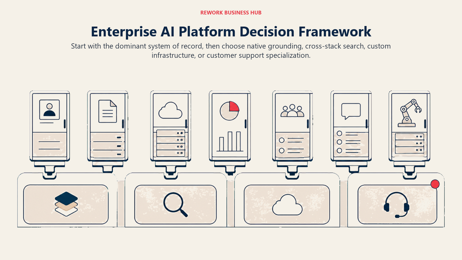 Enterprise AI platform decision framework mapping systems of record into native, cross-stack, custom, and support routes