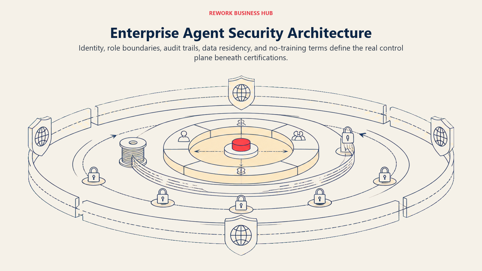 Enterprise agent security architecture shown as identity, role, audit, residency, and no-training layers around an action core