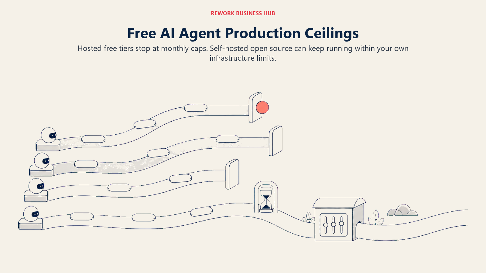 Free AI agent lanes ending at different hard caps while a self-hosted lane continues under owner control