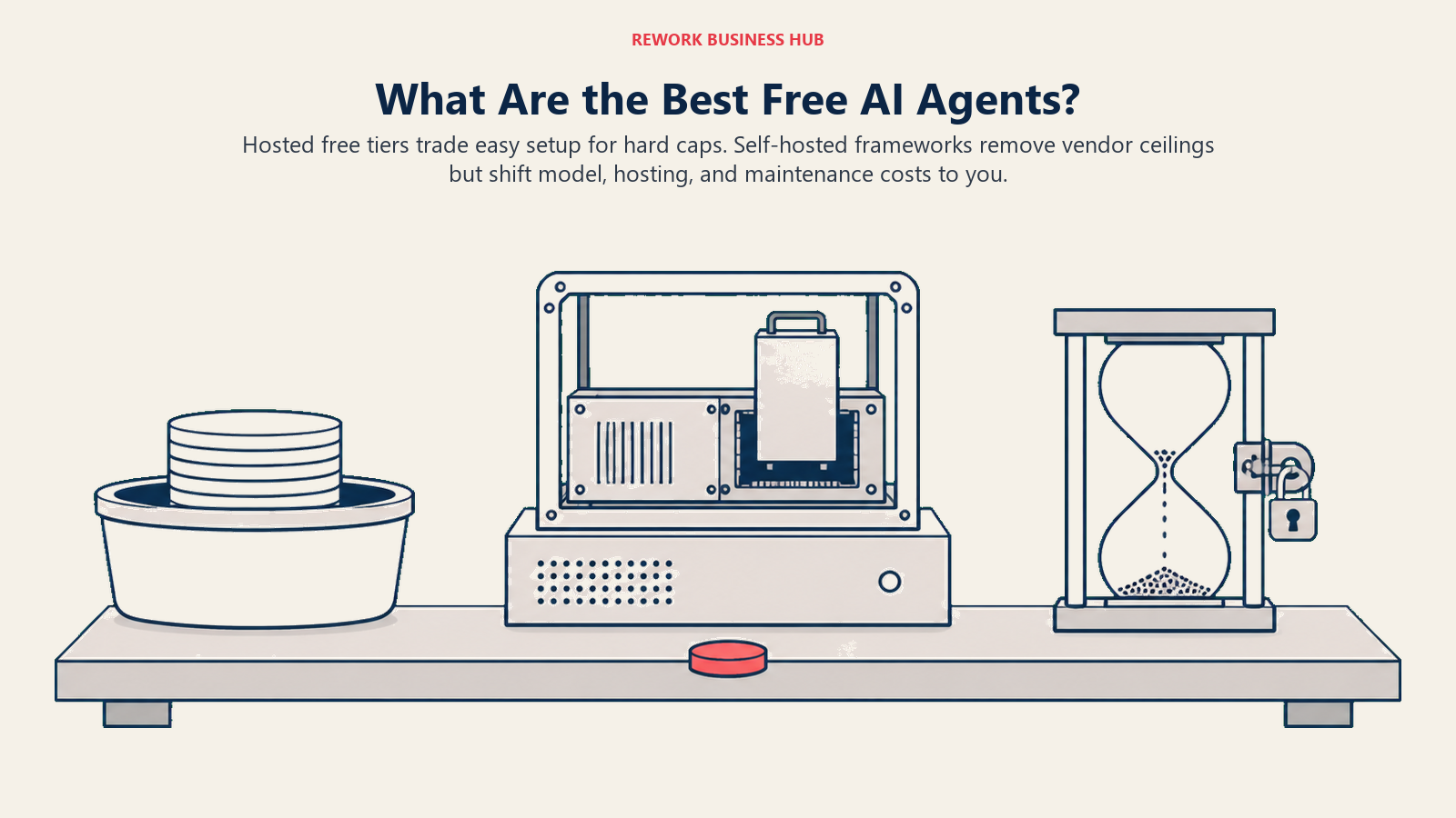 Best free AI agents shown as a capped hosted allowance, an owner-run open-source stack, and an expiring trial