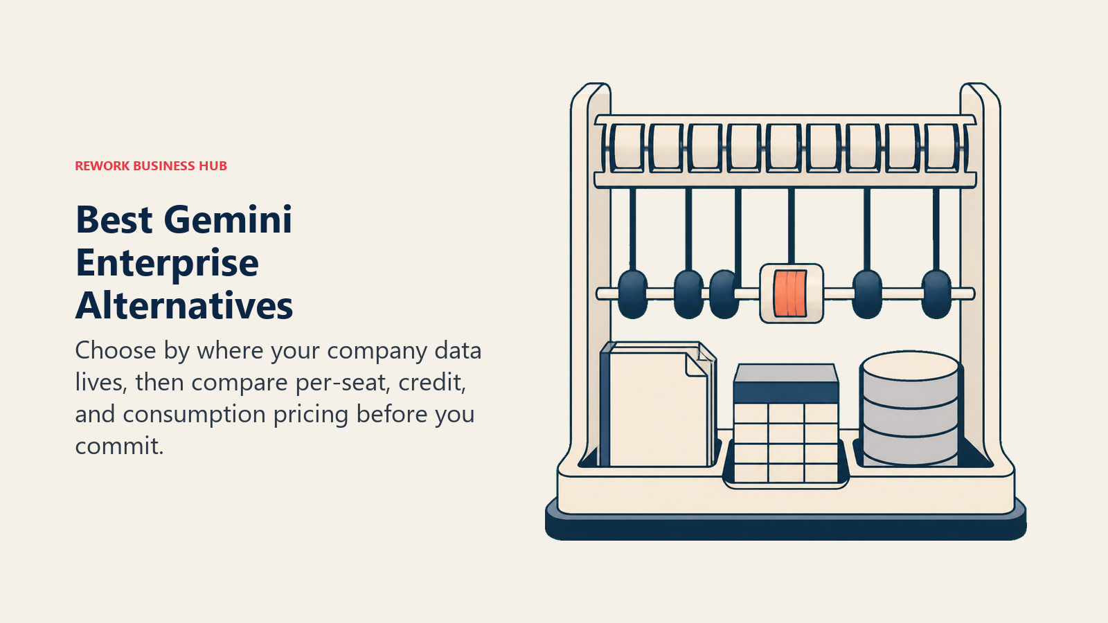 Best Gemini Enterprise alternatives shown as an enterprise pricing abacus over multiple company data foundations