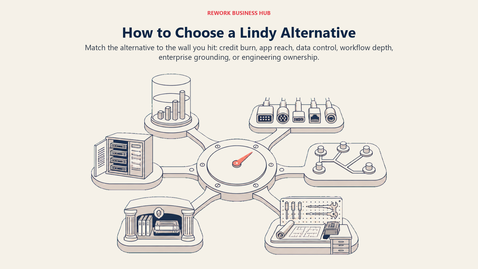 Lindy alternative decision selector matching credit transparency, app reach, data control, knowledge grounding, and engineering control to different platform classes