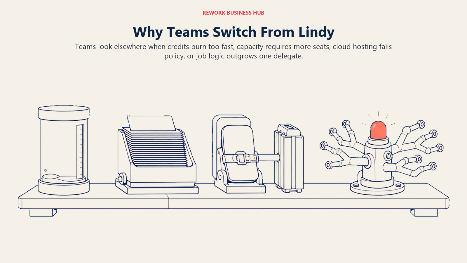 Four Lindy switching triggers shown as credit exhaustion, seat-linked capacity, cloud-only hosting, and workflow logic hitting separate limits