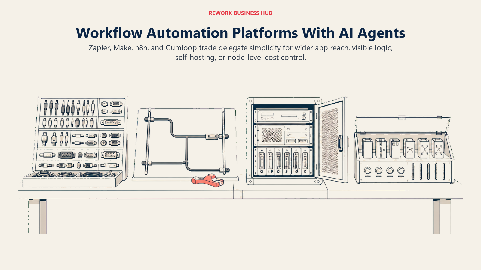 Four workflow automation approaches adding agents through broad app reach, visual control, self-hosting, and node-level cost visibility