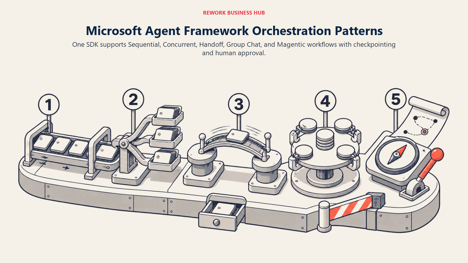 Microsoft Agent Framework five-pattern instrument for sequential concurrent handoff group chat and Magentic orchestration