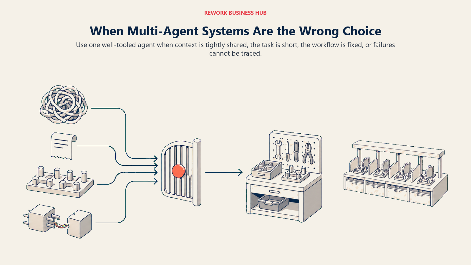 Decision gate redirecting tangled multi-agent coordination toward one well-tooled agent for short tightly shared or fixed work
