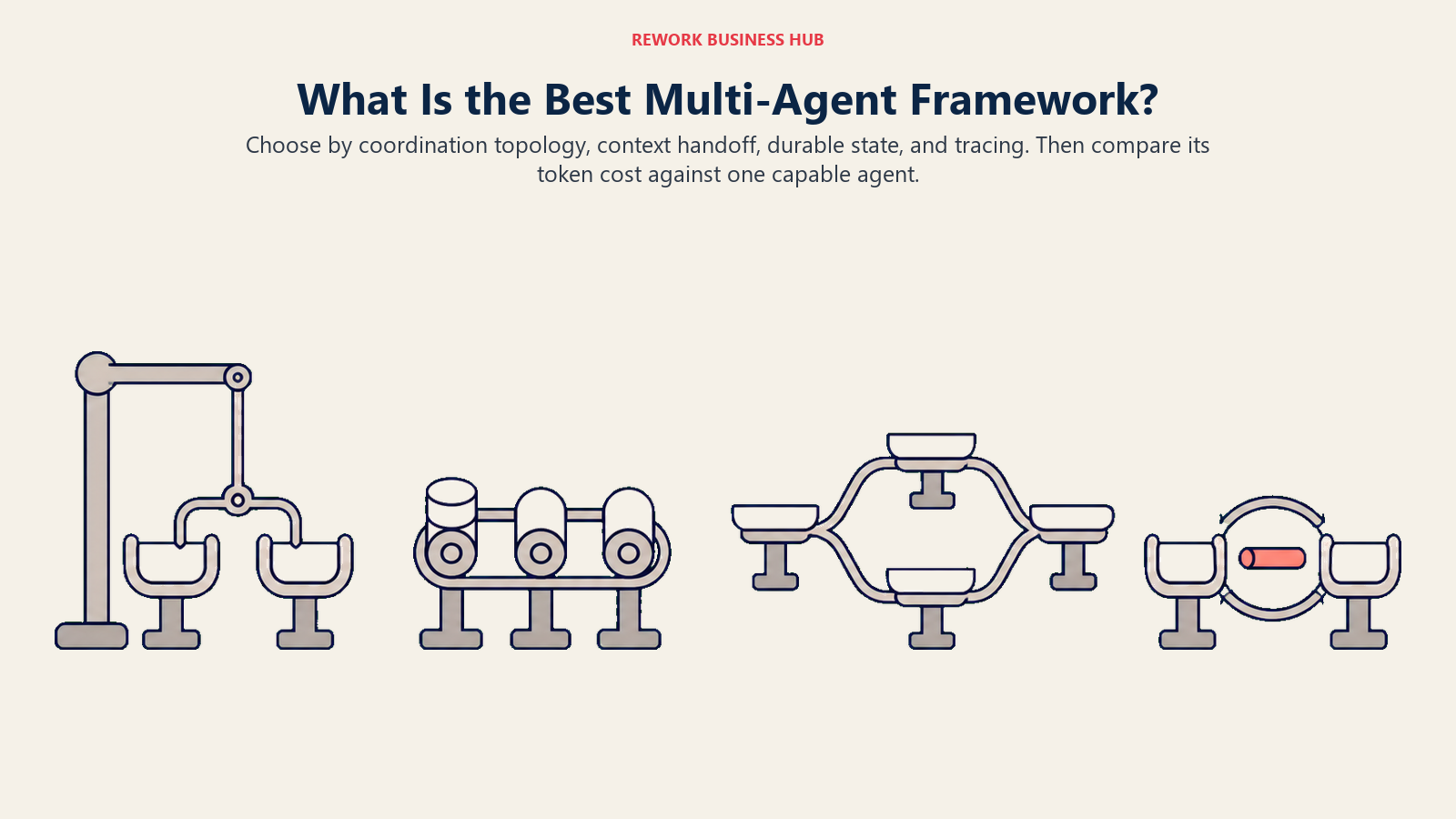Best multi-agent frameworks shown as supervisor, sequential, parallel, and peer handoff coordination mechanisms