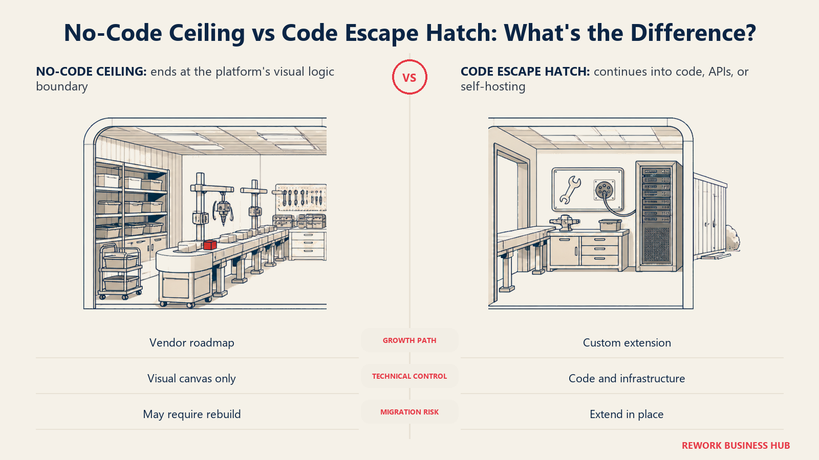 No-code ceiling and code escape hatch compared as a capped visual workspace versus an extensible code workshop