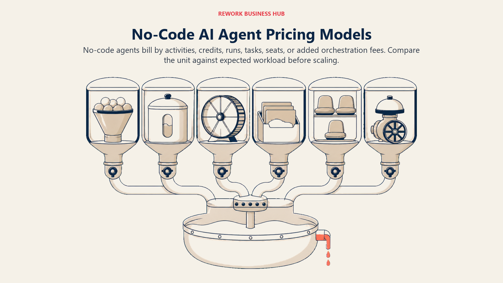 No-code AI agent pricing models shown as separate activity, credit, run, task, seat, and fee meters