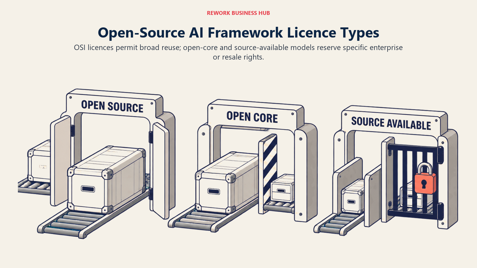AI agent framework licence spectrum separating unrestricted open source, open core, and source-available resale restrictions