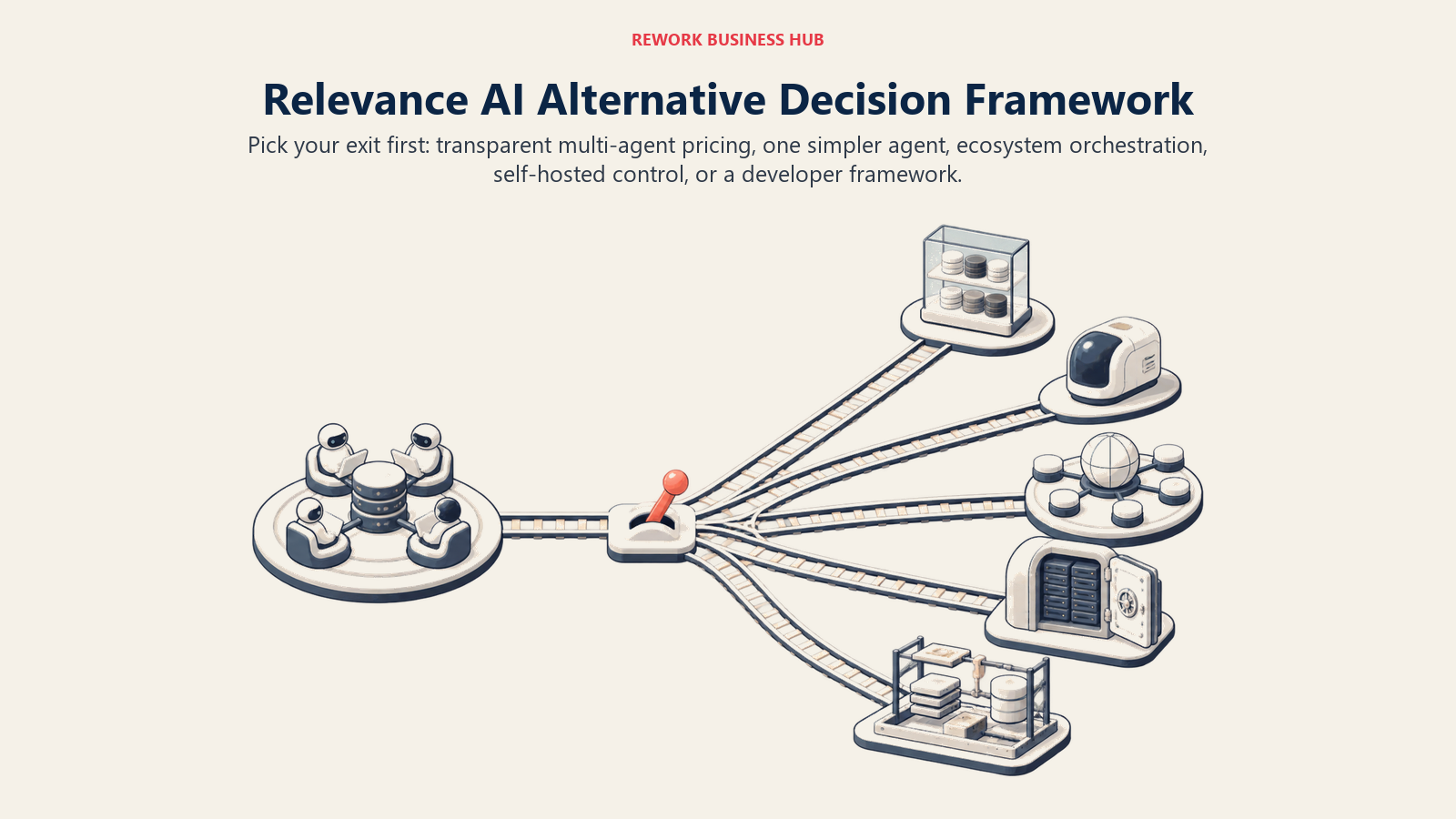 AI agent platform exit switchyard branching toward transparent workforce pricing, one simpler agent, ecosystem orchestration, self-hosting, or developer control