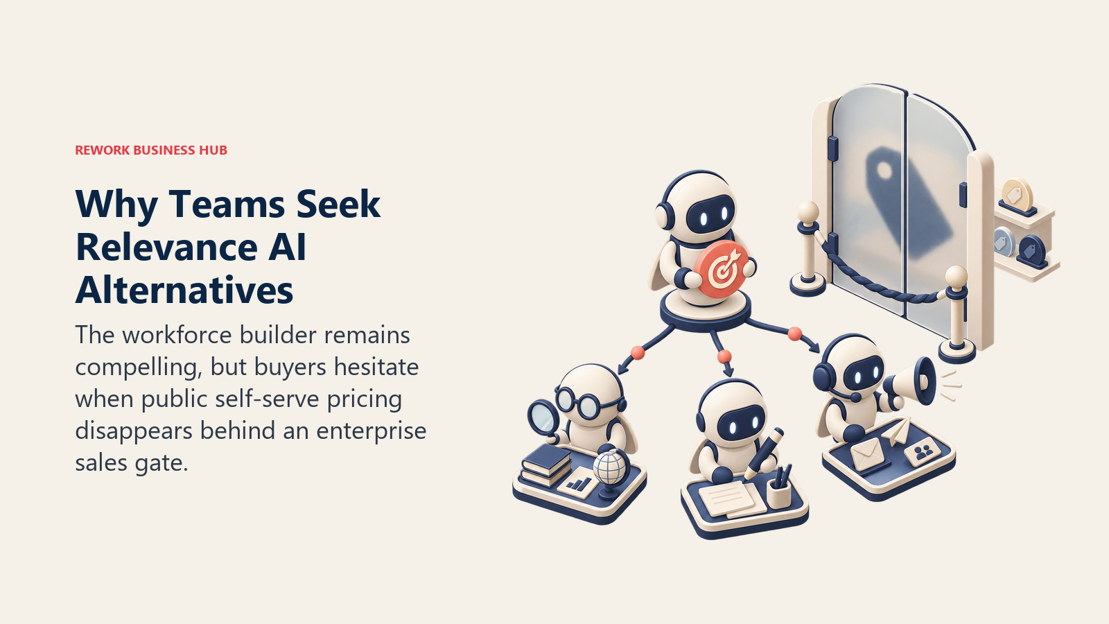 Multi-agent workforce pod facing an opaque enterprise pricing gate while self-serve plan tokens sit behind it