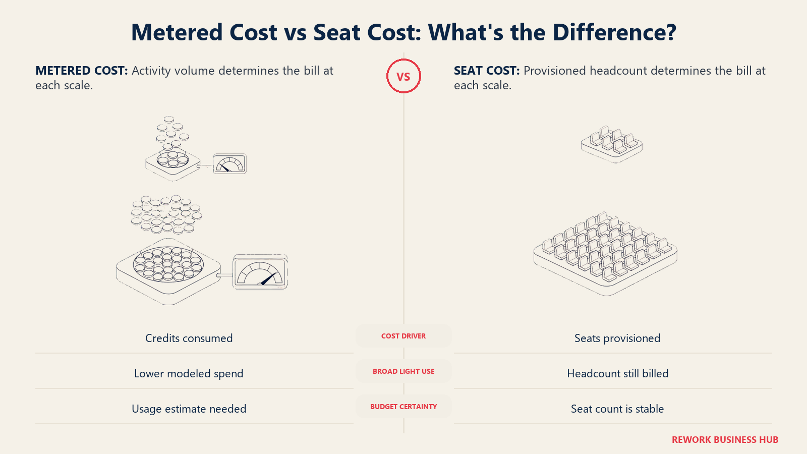 Usage-metered agent cost compared with seat-based cost across small and large workforce scales