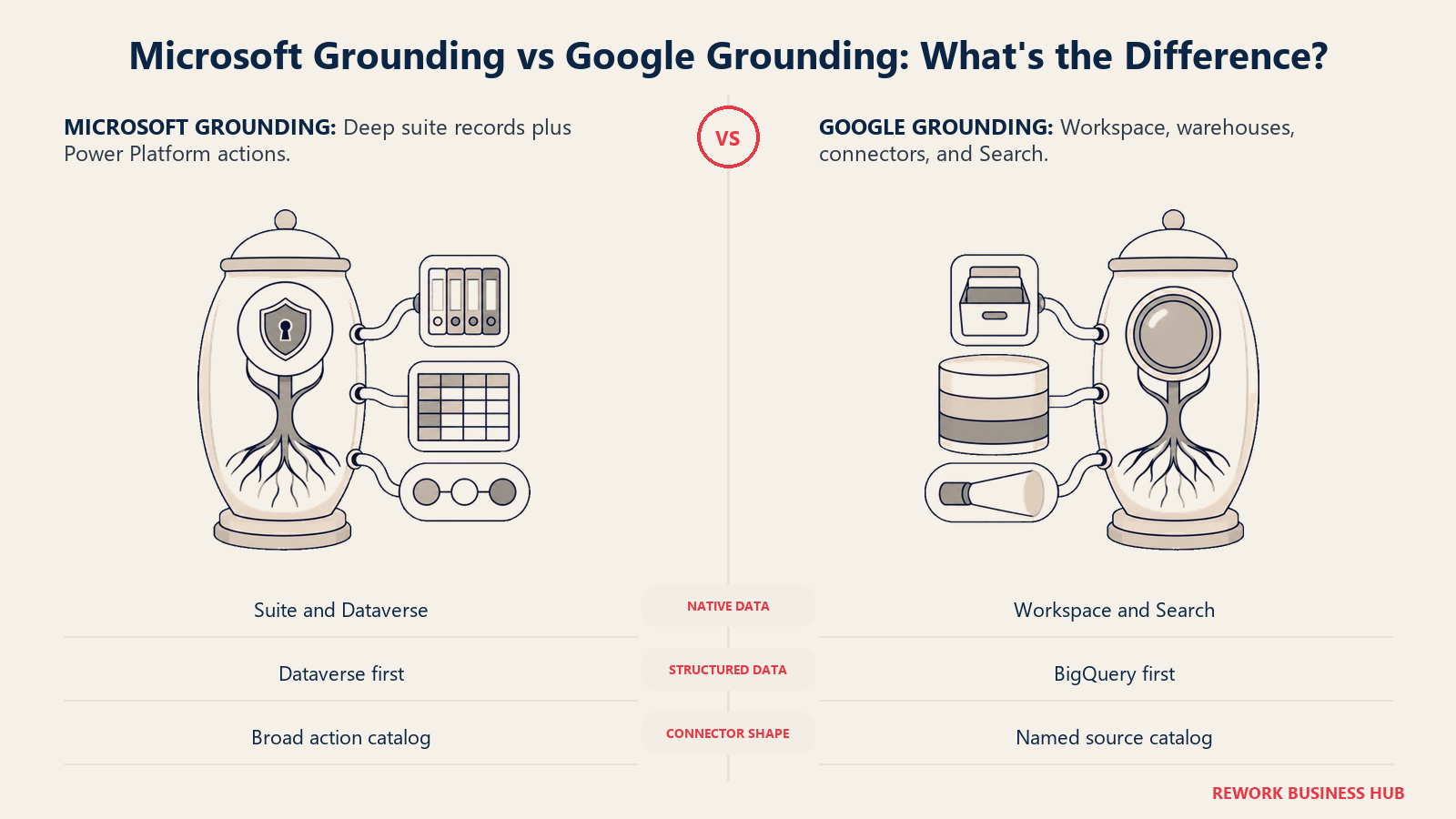 Deep governed Microsoft record roots compared with mixed Google workspace, warehouse, and search grounding