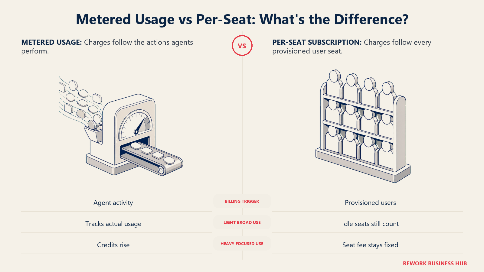 Metered agent usage mechanism compared with a provisioned per-seat subscription rack