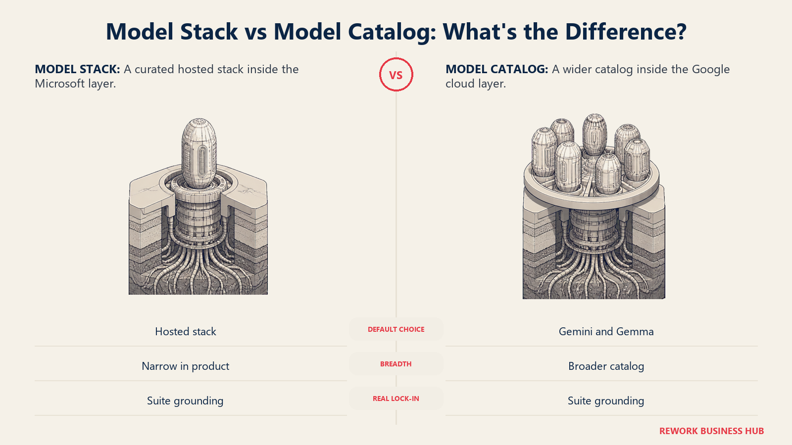 Curated model engine inside a deep ecosystem socket compared with a broad model carousel on its own grounded base
