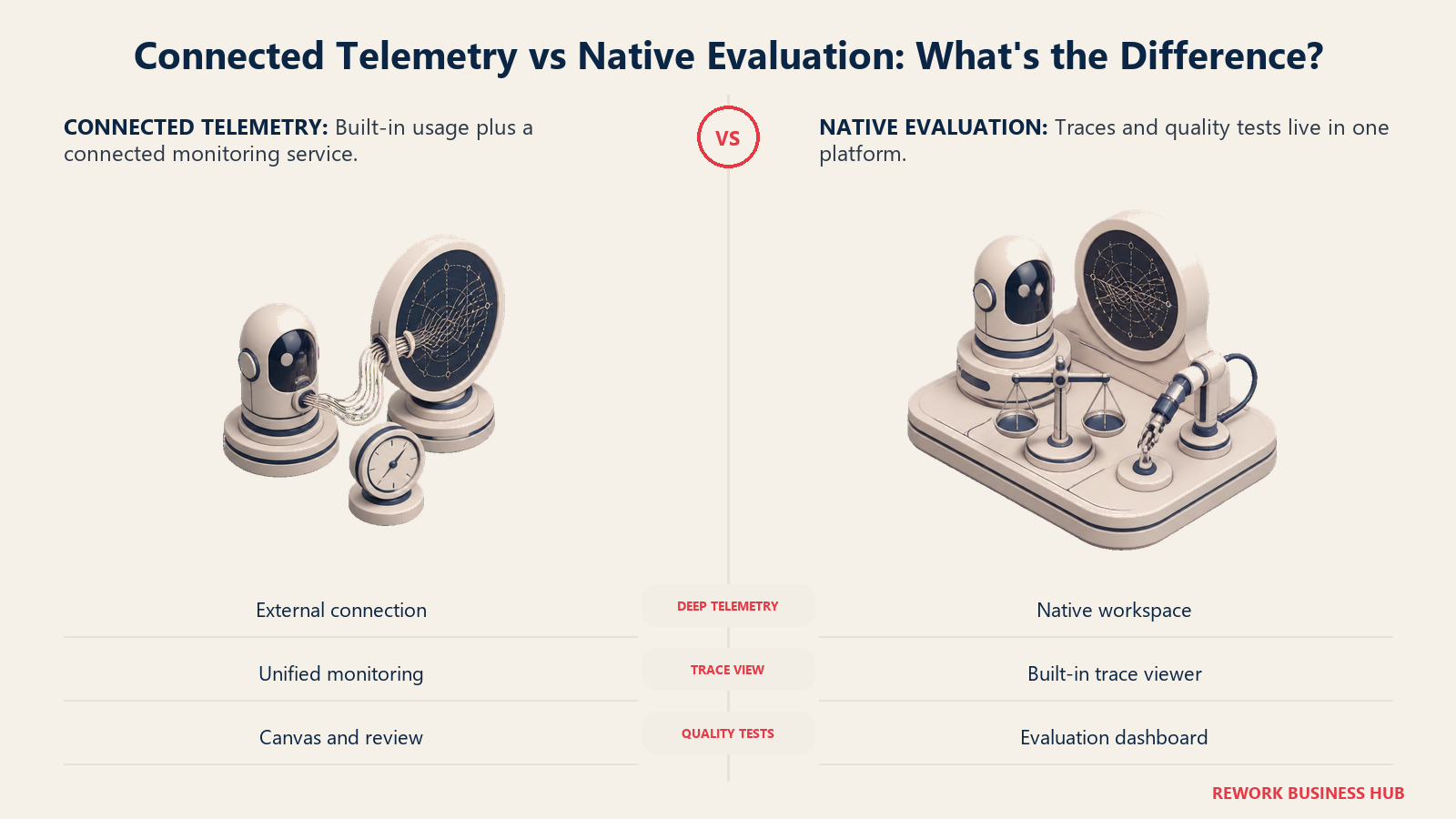 Agent telemetry routed to an external monitoring lens compared with native trace and evaluation instruments