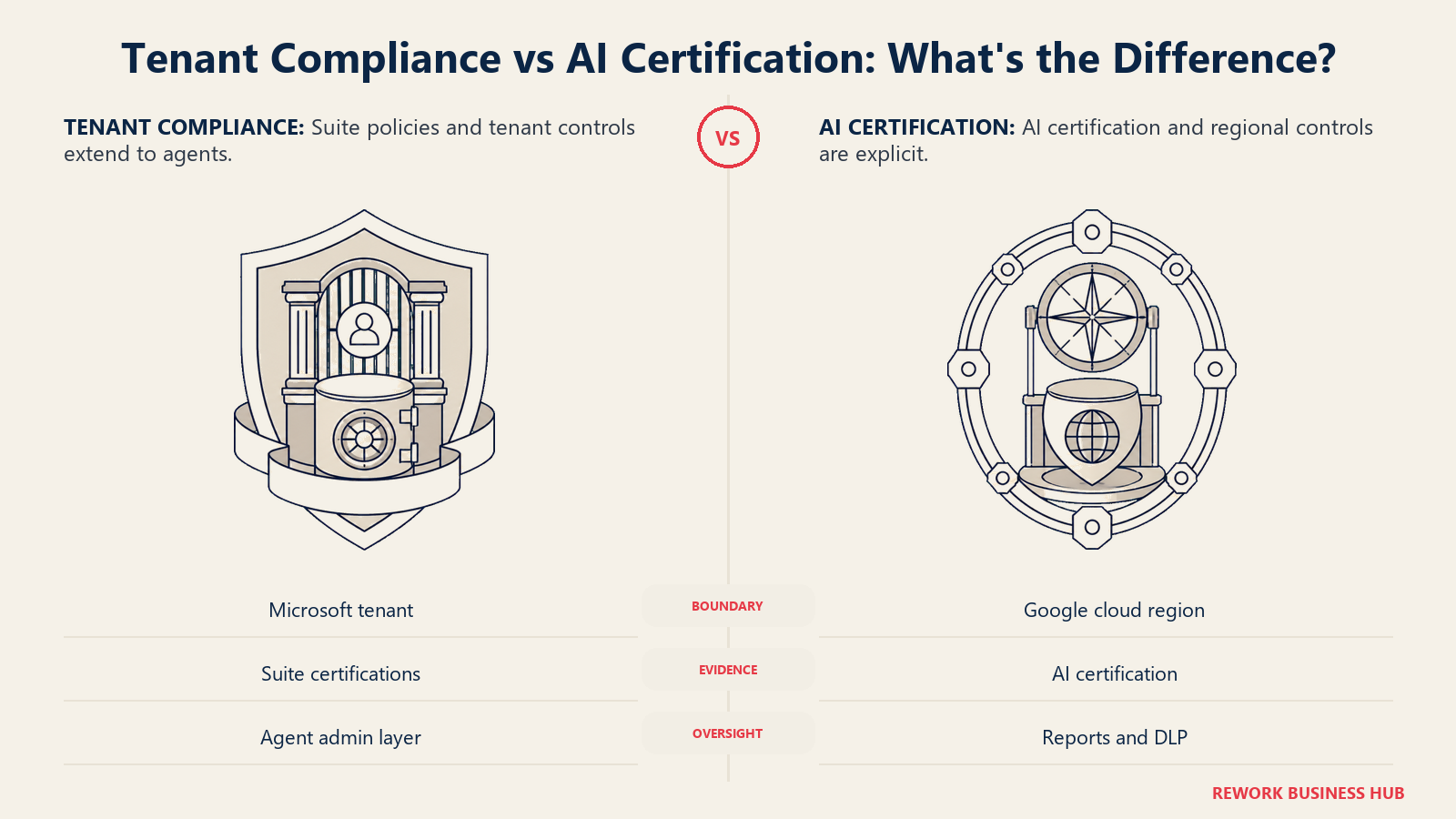 Tenant-wide inherited compliance shield compared with an AI-certified regional data boundary