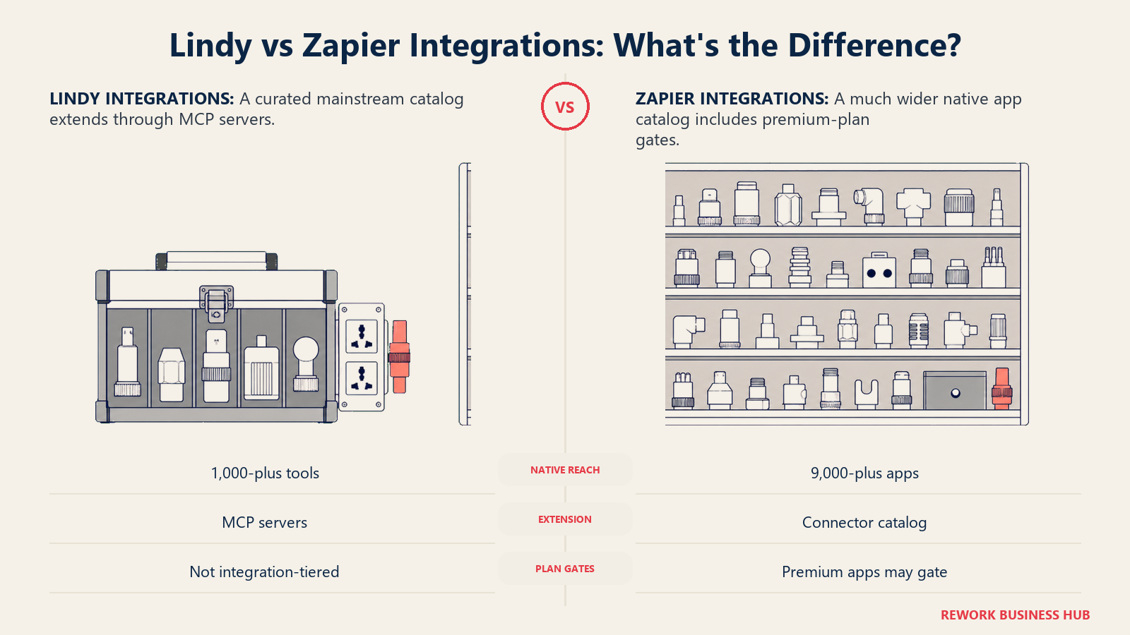 Lindy curated integration toolbox with an MCP extension port compared with Zapier Agents' much wider app connector library