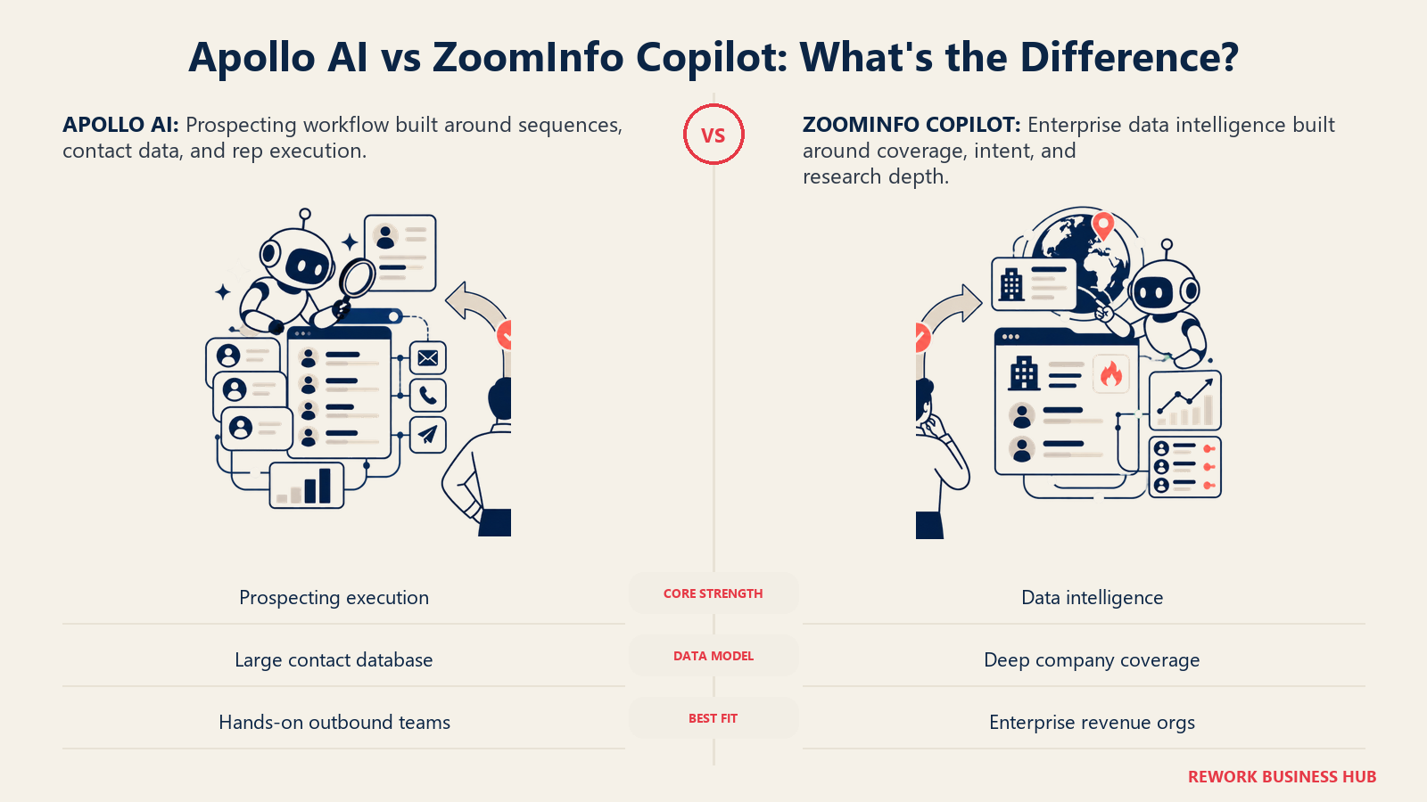 Apollo AI vs ZoomInfo Copilot: What's the Difference? illustrated by matched operating metaphors for AI Features: Apollo AI and ZoomInfo Copilot.