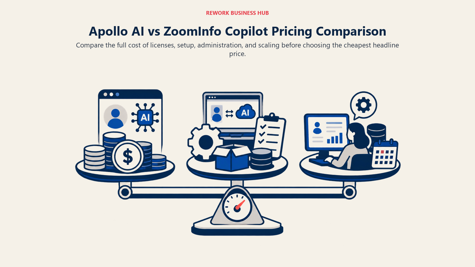 Apollo AI vs ZoomInfo Copilot Pricing Comparison illustrated by three cost layers balancing license, implementation, and administration weight.