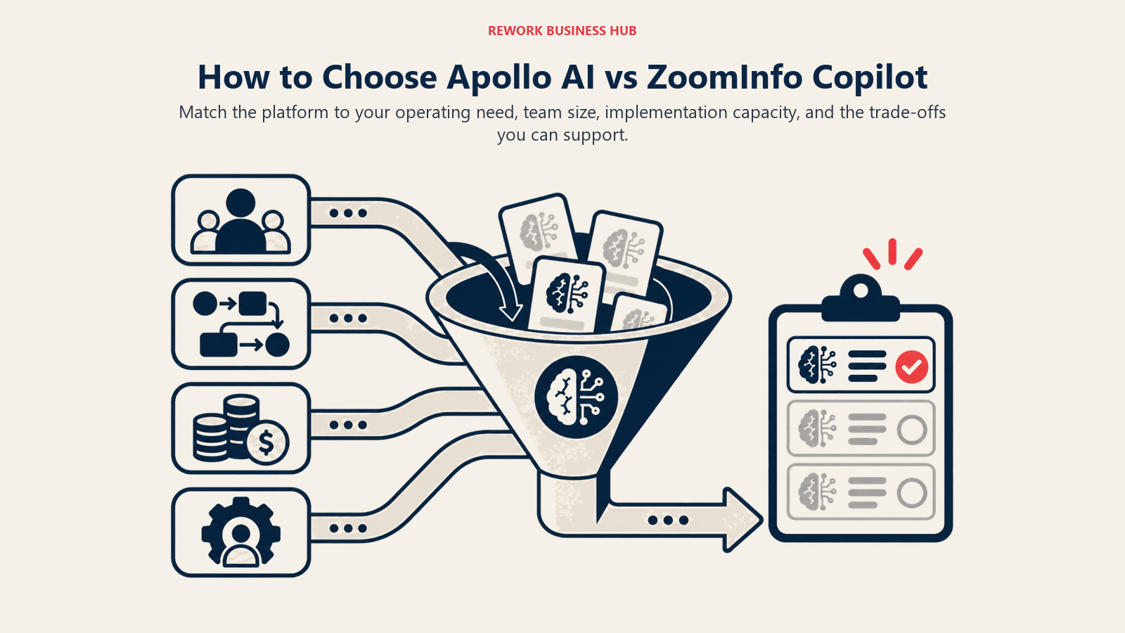 How to Choose Apollo AI vs ZoomInfo Copilot illustrated by a decision lens sorting team size, workflow depth, cost, and implementation capacity into a shortlist.