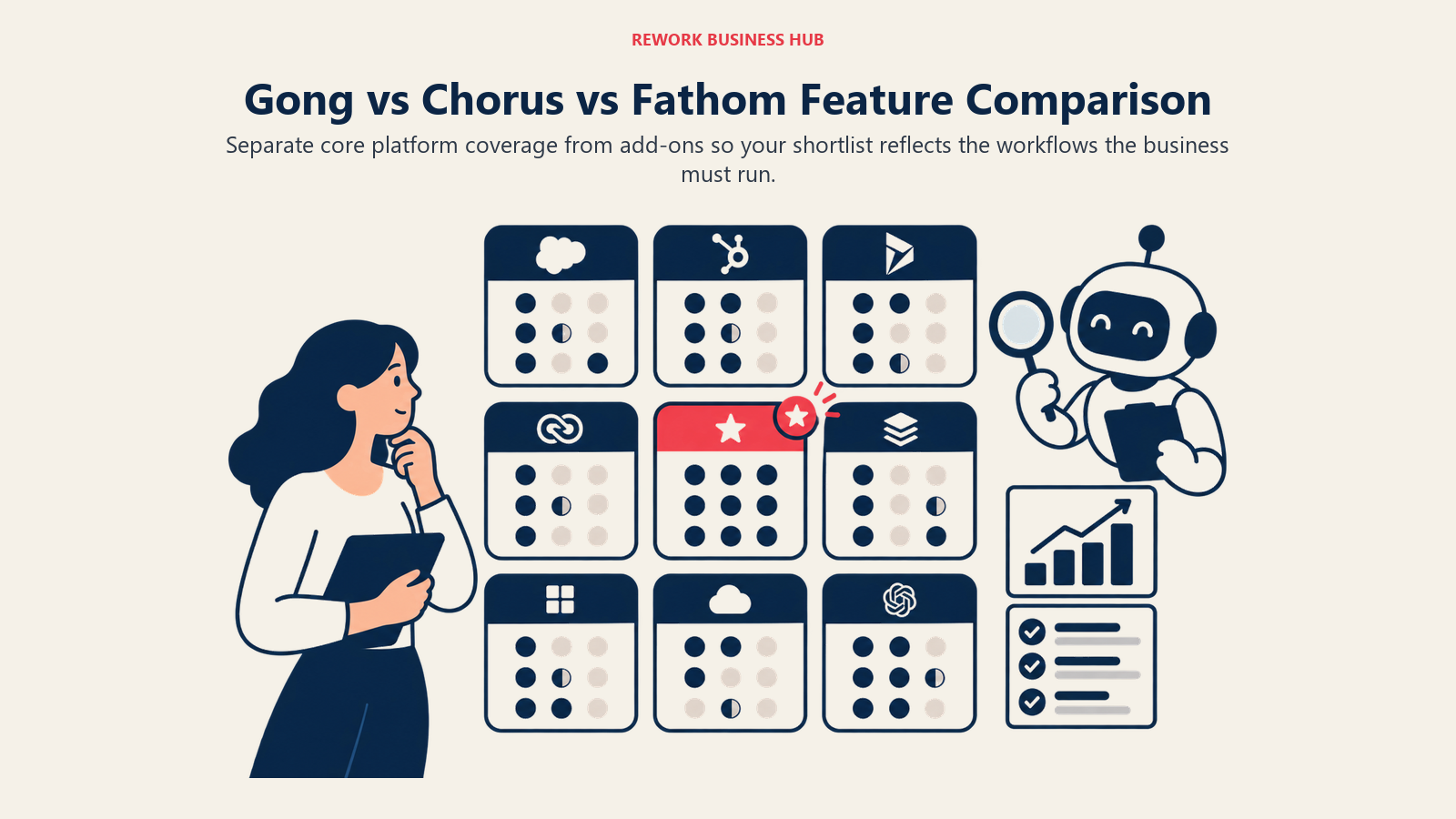 Gong vs Chorus vs Fathom Feature Comparison illustrated by a sparse decision matrix of platform coverage blocks with one coral must-have marker.