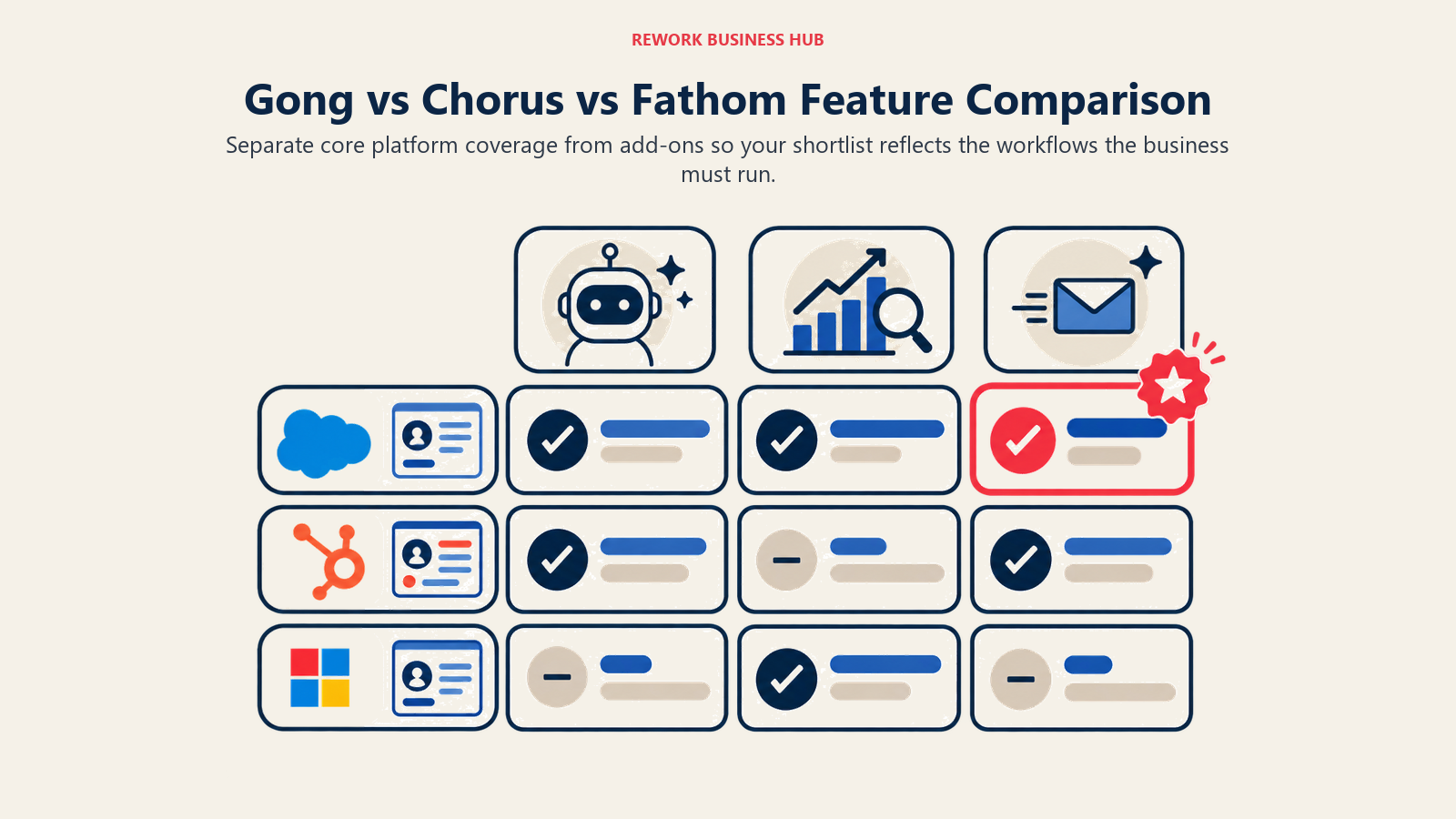 Gong vs Chorus vs Fathom Feature Comparison illustrated by a sparse decision matrix of platform coverage blocks with one coral must-have marker.