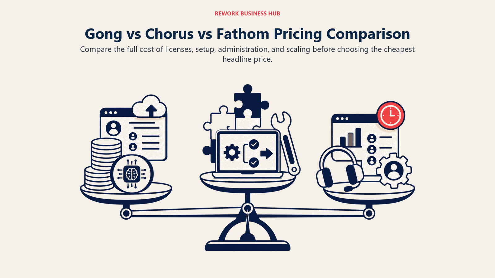 Gong vs Chorus vs Fathom Pricing Comparison illustrated by three cost layers balancing license, implementation, and administration weight.