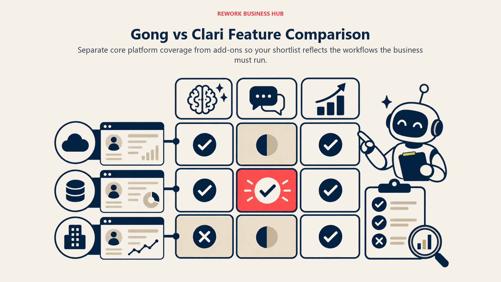 Gong vs Clari Feature Comparison illustrated by a sparse decision matrix of platform coverage blocks with one coral must-have marker.