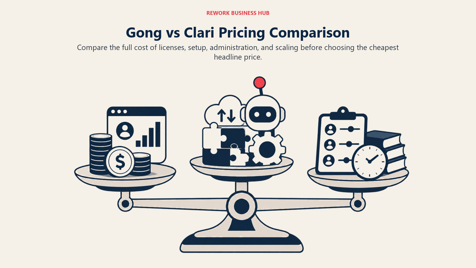 Gong vs Clari Pricing Comparison illustrated by three cost layers balancing license, implementation, and administration weight.
