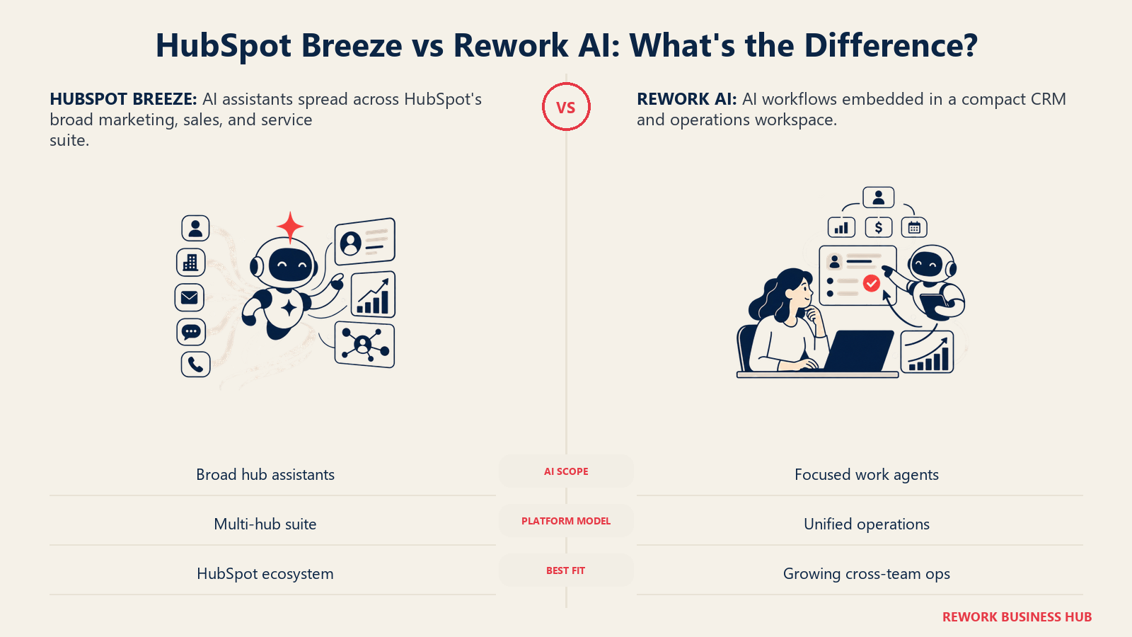 HubSpot Breeze vs Rework AI: What's the Difference? illustrated by matched operating metaphors for AI Capabilities: Breeze and Rework AI.
