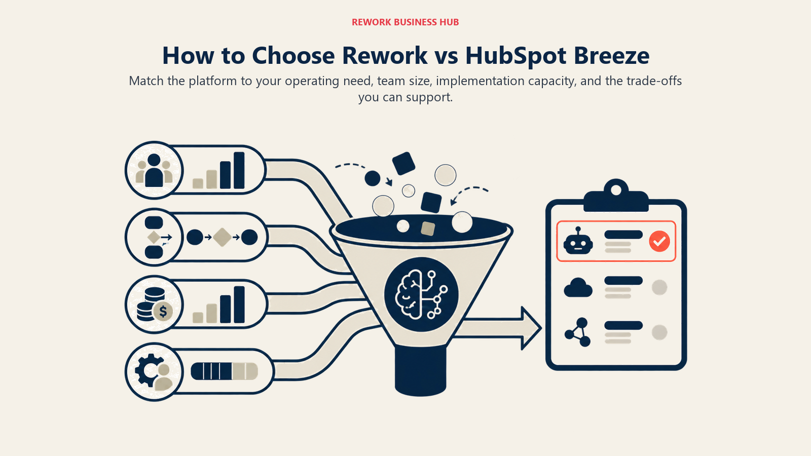 How to Choose Rework vs HubSpot Breeze illustrated by a decision lens sorting team size, workflow depth, cost, and implementation capacity into a shortlist.