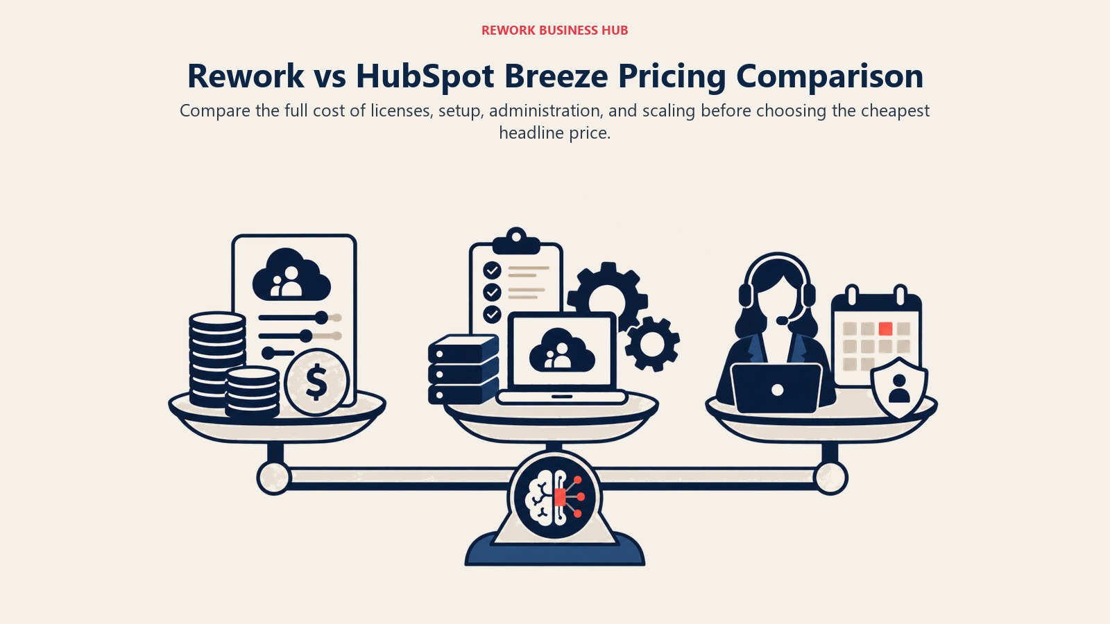 Rework vs HubSpot Breeze Pricing Comparison illustrated by three cost layers balancing license, implementation, and administration weight.