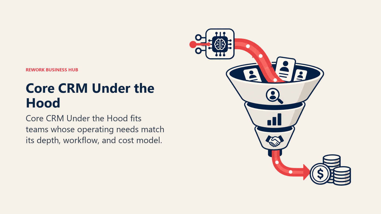 Core CRM Under the Hood illustrated by AI sales signal moving through an orderly revenue funnel.